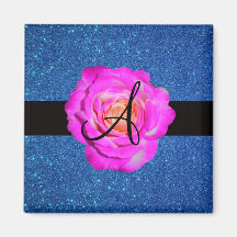Hot pink rose monogram blue glitter fridge magnets