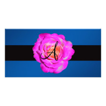 Hot pink rose monogram blue picture card