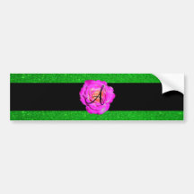 Hot pink rose monogram green glitter bumper stickers