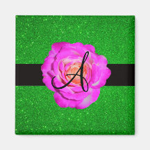 Hot pink rose monogram green glitter refrigerator magnet