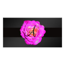 Hot pink rose monogram photo card