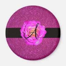Hot pink rose monogram pink glitter magnets