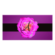 Hot pink rose monogram purple custom photo card