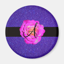 Hot pink rose monogram purple glitter refrigerator magnet