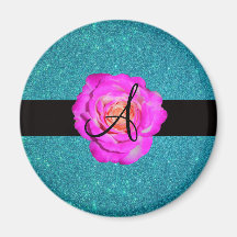 Hot pink rose monogram turquoise glitter refrigerator magnet