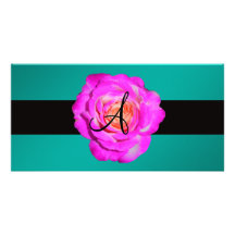 Hot pink rose monogram turquoise personalized photo card