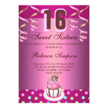 Hot Pink Streamers & Cake Sweet16 Birthday Invite