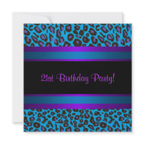 Hot Pink Teal Ble Purple Leopard  21st Birthday Invitations