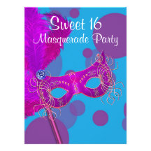 Hot Pink Teal Blue Sweet 16 Masquerade Party Invitation