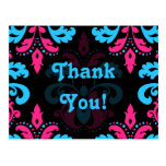 Hot pink, turquoise, black damask Thank you Postcard