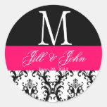 Hot Pink Wedding Monogram Date Damask Seal Sticker