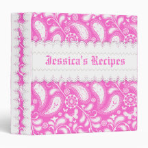 Hot pink, white paisley with scalloped borders vinyl binders