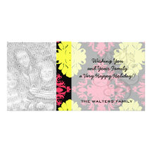 hot pink yellow black diamond damask custom photo card