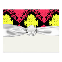 hot pink yellow black diamond damask postcards