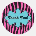 Hot pink zebra print with blue banner thank you round sticker