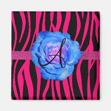 Hot pink zebra stripes monogram blue rose fridge magnets
