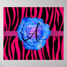 Hot pink zebra stripes monogram blue rose posters