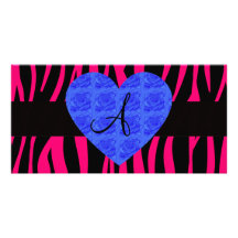 Hot pink zebra stripes monogram blue roses photo card