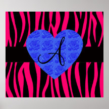 Hot pink zebra stripes monogram blue roses posters