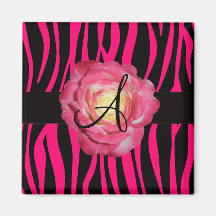 Hot pink zebra stripes monogram pink rose magnet