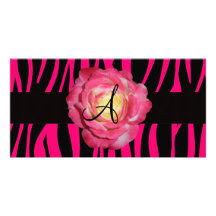 Hot pink zebra stripes monogram pink rose photo card