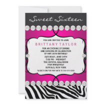 Hot Pink Zebra Sweet Sixteen Birthday Party Personalized Announcement