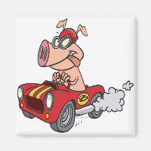 hot rod hog pig racing in car cartoon fridge magnets