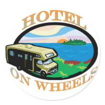 hotel-on-wheels round sticker