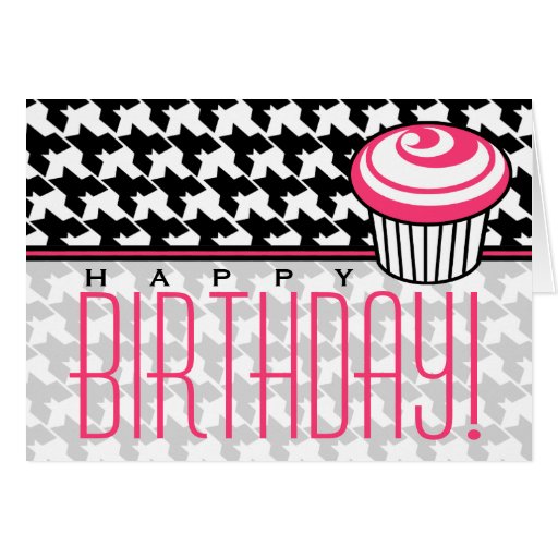 Houndstooth Birthday Card with Pink Cupcake