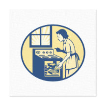 Housewife Baker Baking in Oven Stove Retro Canvas Prints
