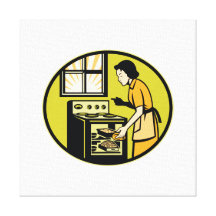 Housewife Baking Bread Pastry Dish Oven Retro Gallery Wrapped Canvas