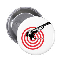 Hunter aiming rifle shotgun bulls eye high angle pinback button