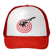 Hunter aiming rifle shotgun bulls eye high angle mesh hats