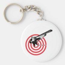 Hunter aiming rifle shotgun bulls eye high angle key chains