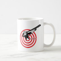 Hunter aiming rifle shotgun bulls eye high angle coffee mugs