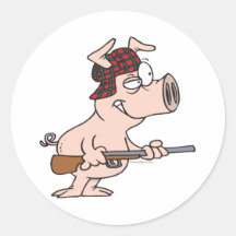 hunter hunting pig cartoon round stickers
