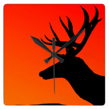 Hunter Orange Sky With Elk Deer Silhouette Wallclocks