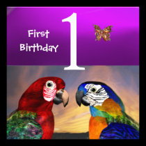 HYPER PARROTS /First Birthday Party Purple invitations