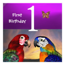 HYPER PARROTS /First Birthday Party Purple Custom Announcements