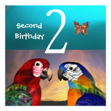HYPER PARROTS /Second Birthday Party, Turquase Custom Invites