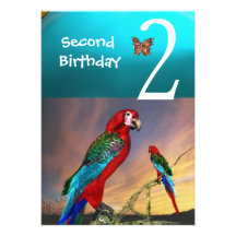 HYPER PARROTS / Second Birthday Party Turquase Red Custom Invitation