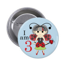 I am 3 Ladybug Fairy 3rd Birthday Blue Pin Button
