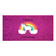 I believe in unicorns pink glitter photo cards