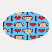 I Heart Monkeys Turquoise Teal Blue Valentines Oval Sticker