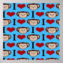 I Heart Monkeys Turquoise Teal Valentines Poster