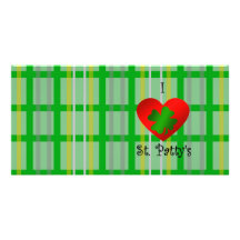I heart saint patty's on gold green plaid personalized photo card