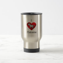 I heart unicorns in silver and rainbow mugs
