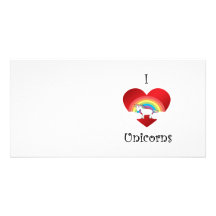 I heart unicorns on heart rainbow and clouds personalized photo card