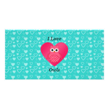 I love owls turquoise hearts picture card