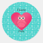 I love owls turquoise hearts round sticker